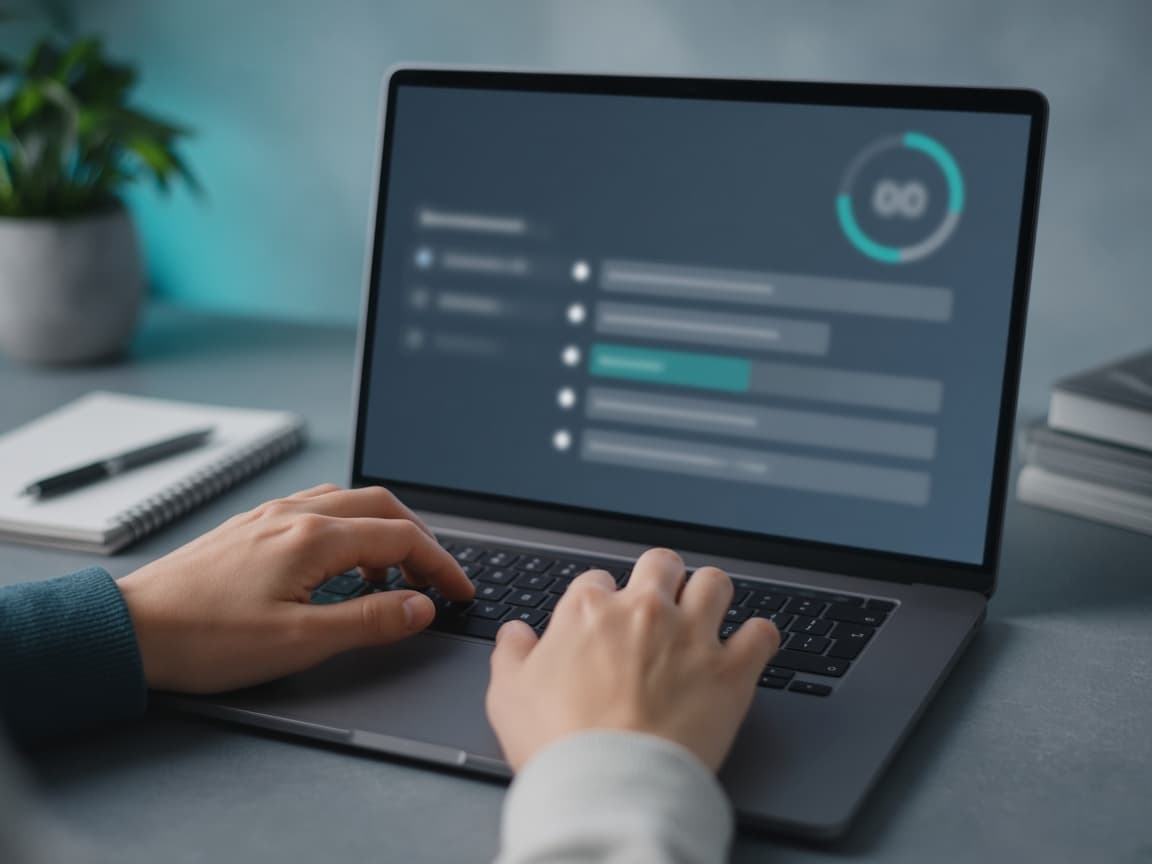 Hands practicing a timed exam on a laptop