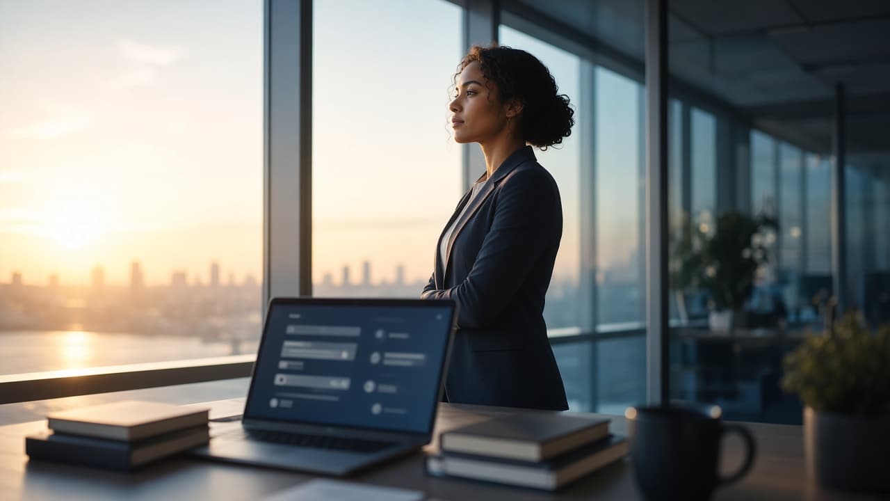 Professional looking toward career growth through a modern office window